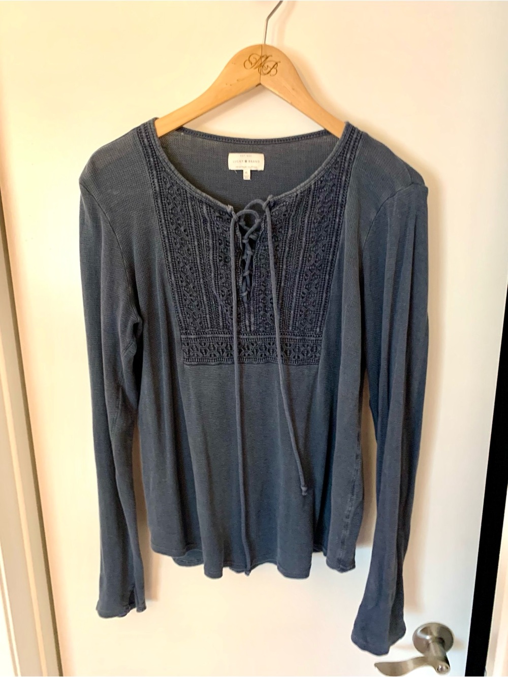 Lucky Brand Slate Blue Lace-Up Embroidered Long Sleeve Top